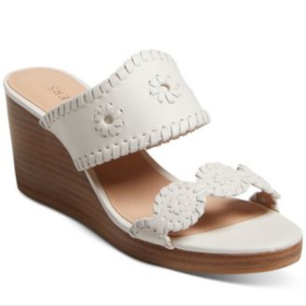 Jack Rogers Caroline 9.5 White Leather Floral Cutout Wedge Slide Sandal